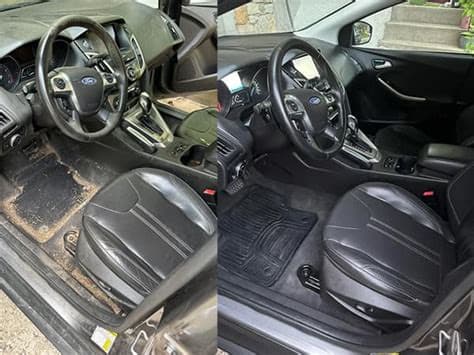 Before-and-after photos of a vehicle interior and floor mats.