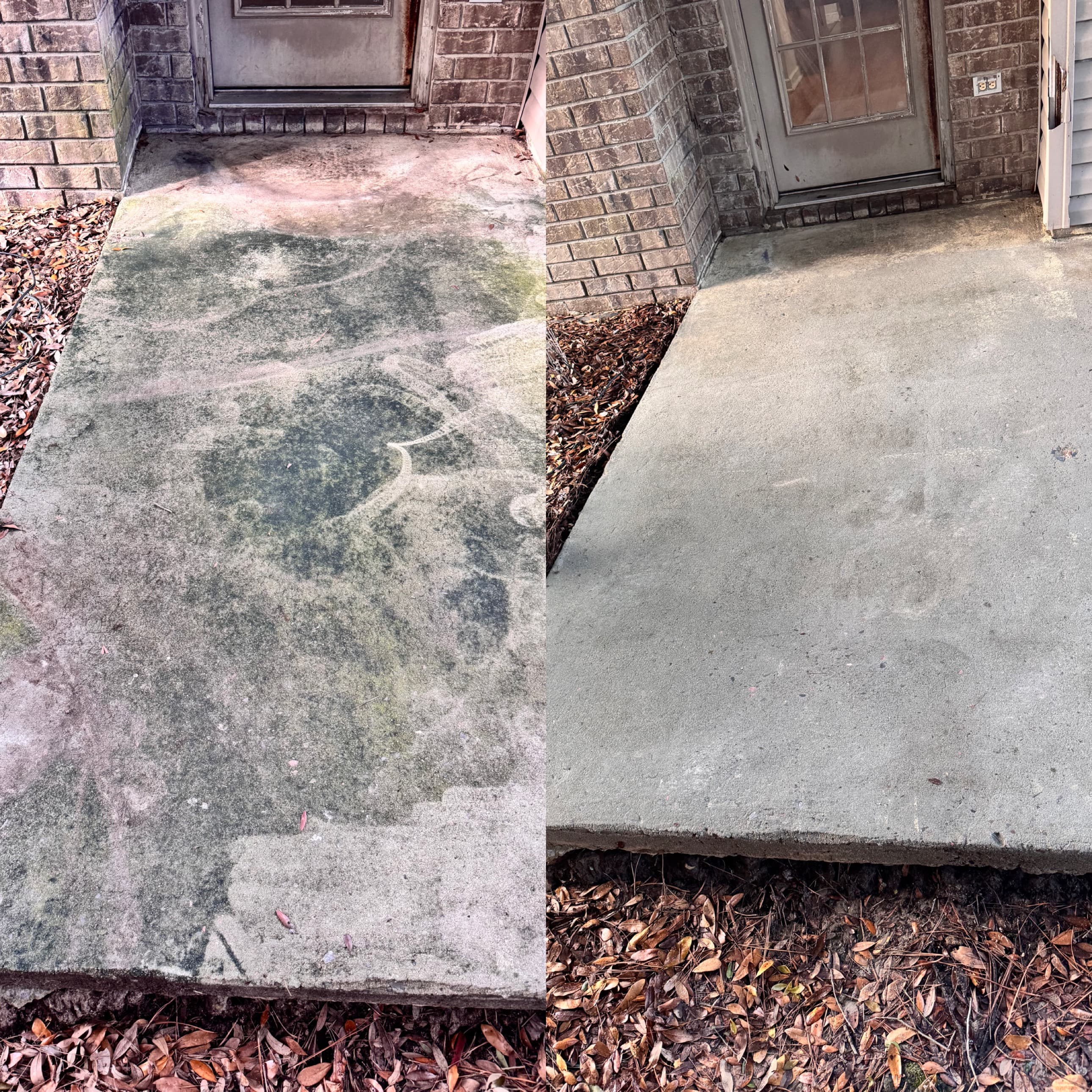 Before-and-after photos of a residential concrete driveway and entryway.